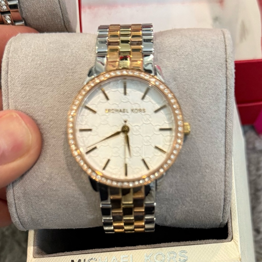 Michael Kors Gold and Silver Watch with White Dial
